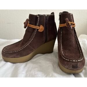 Tommy Girl Brown Suede Wedge Ankle Boots Sherpa Lined Side Zip Women’s 7.5